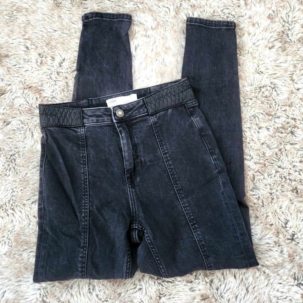 Zara Black Front Seam Quilted Pleather‎ Side Skinny Jeans Zipper Ankle Size 4